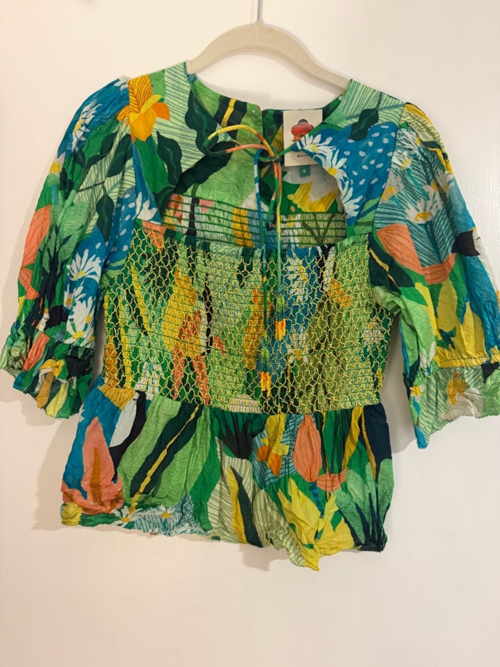 FARM Rio Green Multi-Color Smocked Tropical Blouse